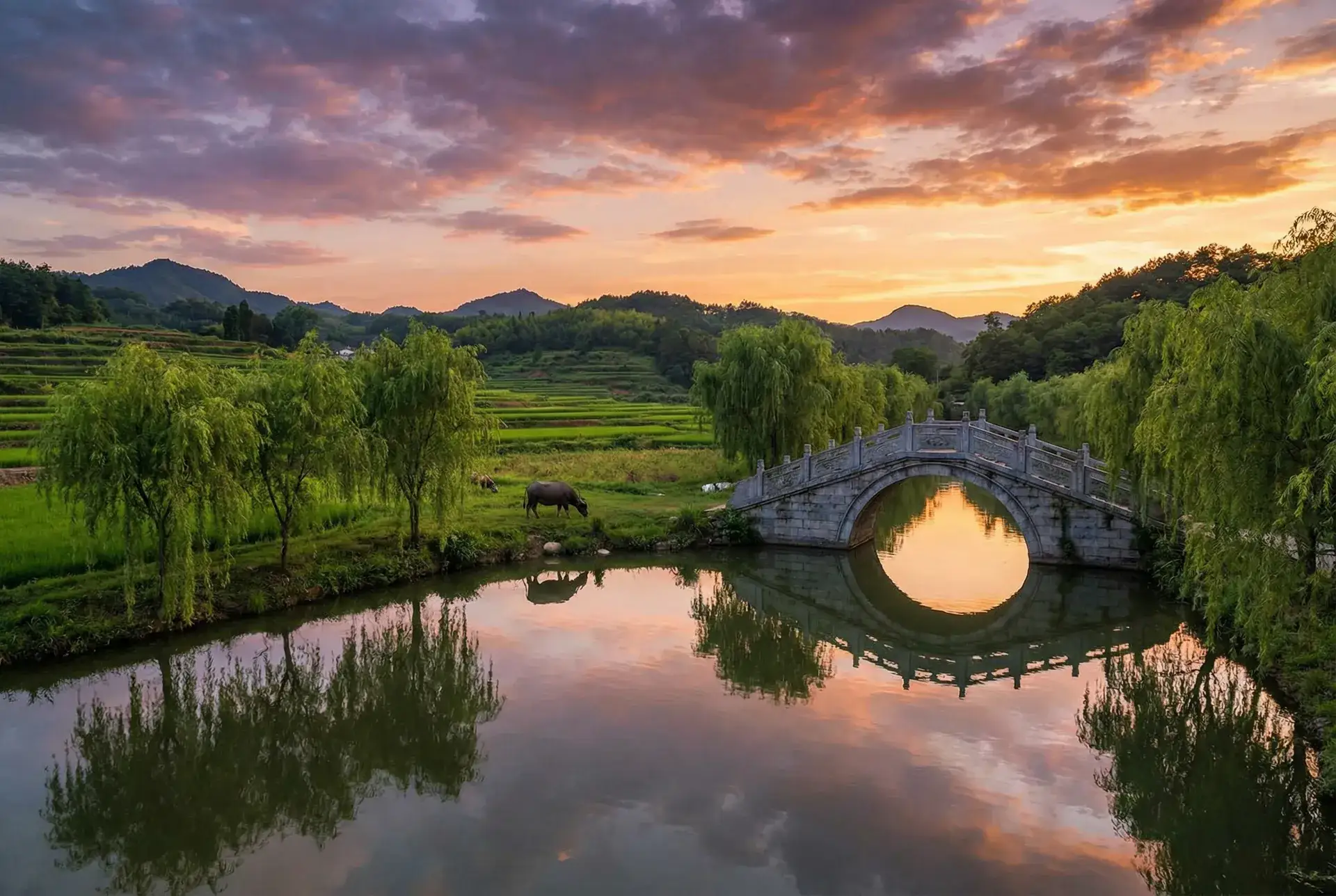 夕阳下的石拱桥与垂柳，水牛在河边吃草 - 世族庶女 乡村美景